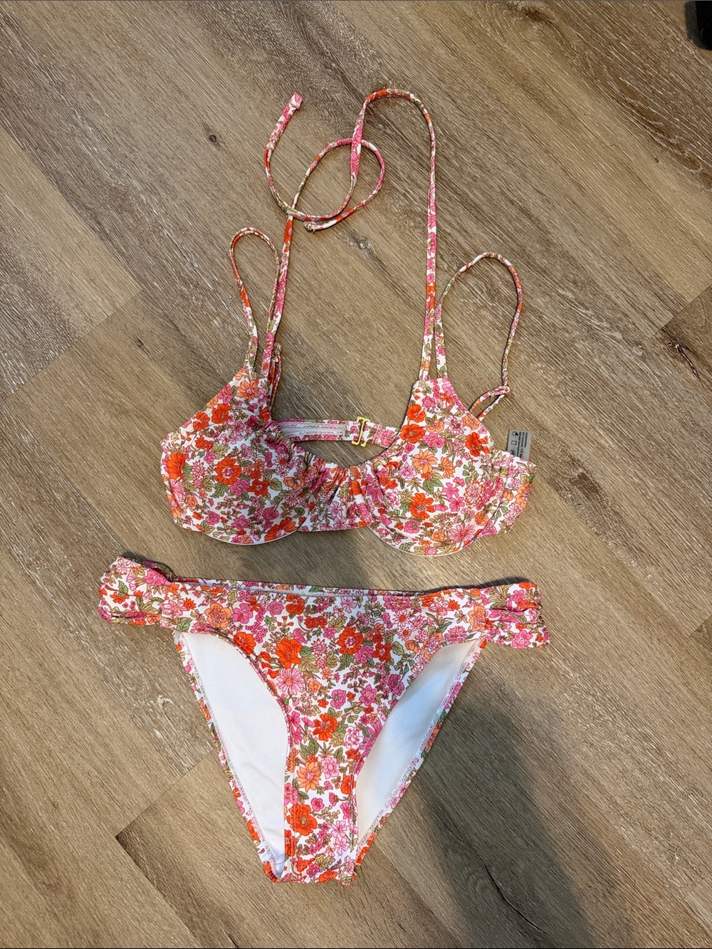 EUC Women’s Marina West Pink and Orange Halter Underwire Floral Bikini Set S